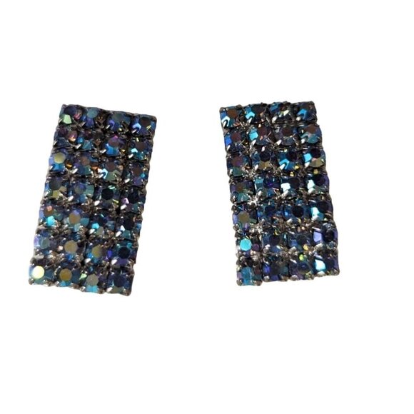 Vintage Aurora borealis clip on earrings rhinestone rectangular statement - Picture 2 of 6